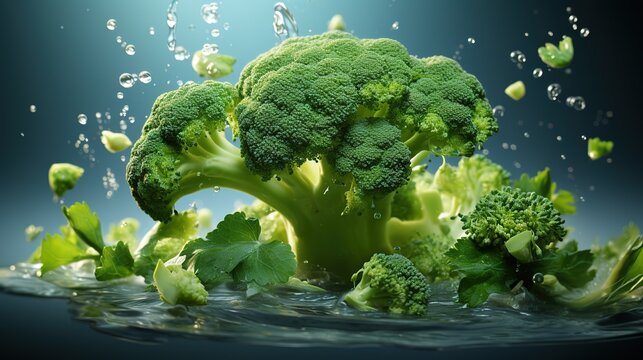 Broccoli flying in the air, levitation. Healthy vitamin fresh green vegetable. Generative AI