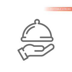 Hand and server tray line vector icon. Dish cover outline symbol.