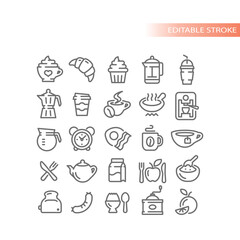 Naklejka na ściany i meble Breakfast and coffee line vector icons. Cup, croissant, eggs and bacon outline icon set.