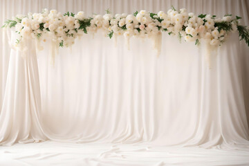 wedding arch decorated with pink roses and white fabric on grey background. AI Generated