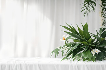 Beautiful tropical houseplant in white pot over white curtain background. AI Generated.