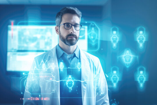 Portrait of a male doctor among virtual icons. Future-proofing healthcare: 5G and telemedicine integration