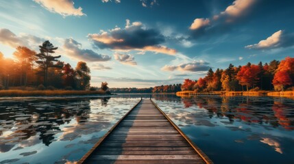 Fototapeta premium Peaceful Lake Pier Experience Tranquility with a Serene Lake and Wooden Pier Stretching into the Calm Waters