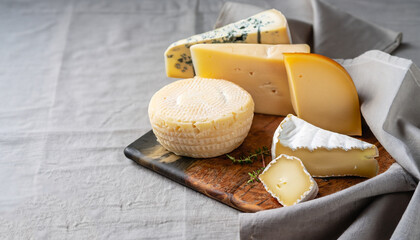 Various kind of cheese, traditional pieces of Spanish, French, Italy cheese. Light background with copy space, table with gray linen tablecloth