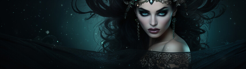 Banner with beautiful queen vampire,  seductive woman on dark gothic background. Generative AI