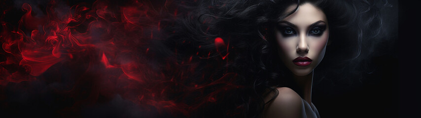 Banner with beautiful seductive woman on dark gothic background. Copy space. Generative AI