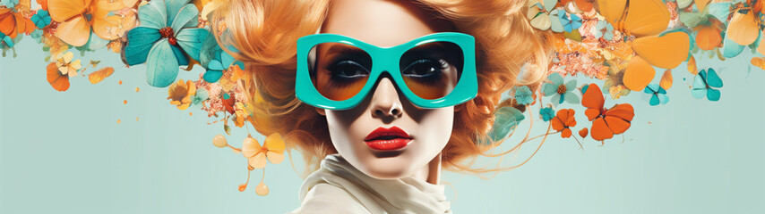 Banner with glamour beautiful girl wearing glasses. Fashion and beauty concept. Generative AI