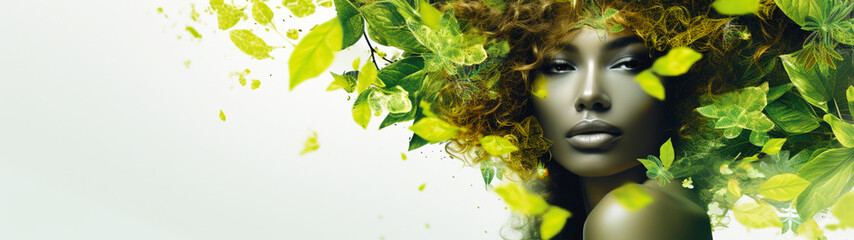 Banner with beautiful woman on green nature background. Health and care concept. Generative AI
