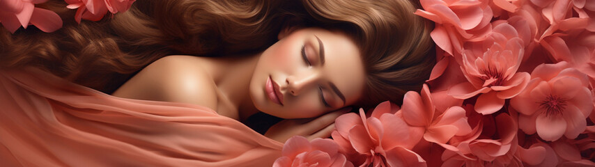 Banner with beautiful sleeping woman with silk fabric and delicate flowers background. Beauty concept. Generative AI