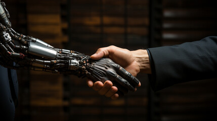 A Robot shaking hand with a man closeup