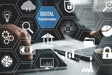 Transform your business with digital innovation. Finger scanning on a virtual screen for data and intelligence analysis. Network connection and cloud computing infrastructure in the background.