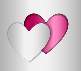 Pink heart cut out of paper, on a silver background, the concept of valentines day, valentines, congratulations, cards, letters, icons