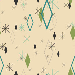 Seamless 50s Retro Pattern. Atomic Starbust Wallpaper. Mid Century Modern Repeating Background. 1950s Space Age Design