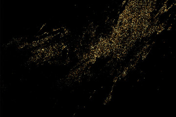 Fototapeta na wymiar Golden glitter texture isolated on black background. Golden color particles. Golden explosion of confetti. Festive background design element.