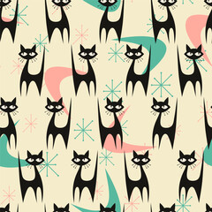 Fototapeta na wymiar Mid Century colorful Modern Cat Silhouette with Atomic age Starbursts. Vector seamless background in fifties style.