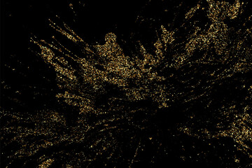 Obraz premium Golden glitter texture isolated on black background. Golden color particles. Golden explosion of confetti. Festive background design element.