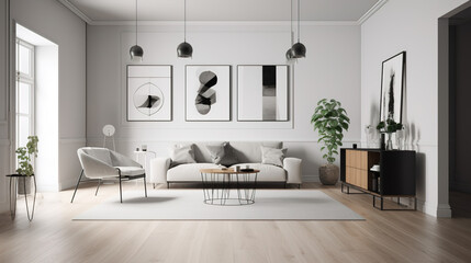 Modern living room with sofa, gray colors. generate by ai