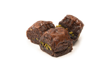 Turkish chocolate baklava isolated on white background.