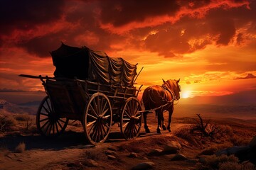 A horse and wagon on a trail in the old West. Great for stories on cowboy movies, Old West, frontier spirit, pioneers, gold rush and more. 