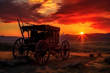 Fototapeta premium A horse and wagon on a trail in the old West. Great for stories on cowboy movies, Old West, frontier spirit, pioneers, gold rush and more. 