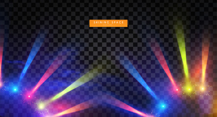 Show light. Colorful spotlights with fay. Transparent light effect.