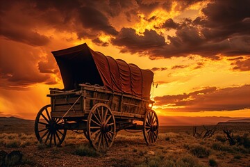 Fototapeta premium A horse and wagon on a trail in the old West. Great for stories on cowboy movies, Old West, frontier spirit, pioneers, gold rush and more. 