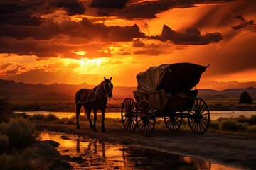 A horse and wagon on a trail in the old West. Great for stories on cowboy movies, Old West, frontier spirit, pioneers, gold rush and more. 
