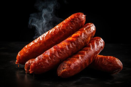 Close up of some thin smoked sausage on black background.