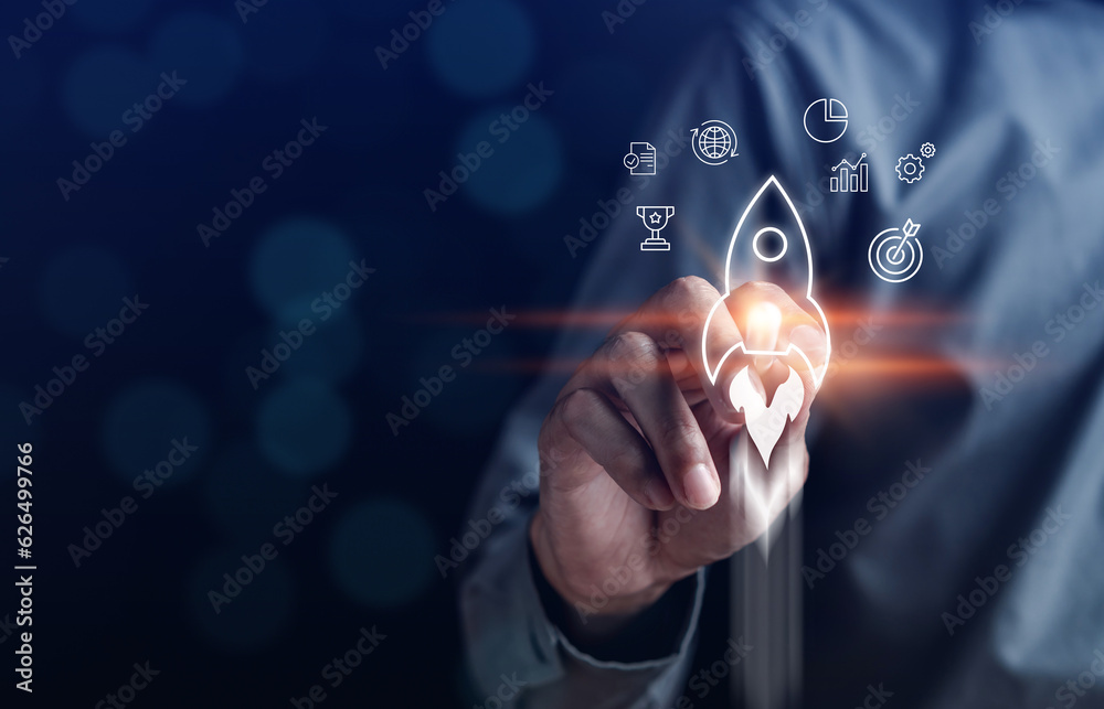 Aufkleber businessman touch rocket launch investment growth, planning and starting corporate business start up