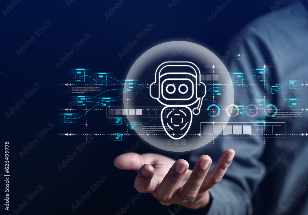 Aufkleber Businessman using ai technology. chat bot with AI Artificial Intelligence generate. Futuristic technology, robot in online system. Business in future to invest and develop corporate concept...