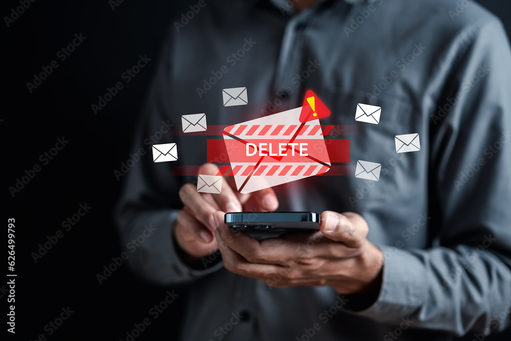 Poster Alert Email inbox and spam virus with warning caution for notification on internet letter security protect, junk and trash mail and compromised information.