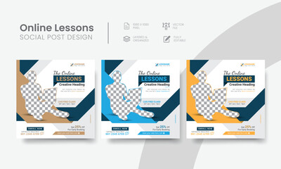 Luxurious online lessons social media post for graduation, courses, or tutoring promo. Latest lessons, courses, graduation webinar social web banner template. Vol - 29