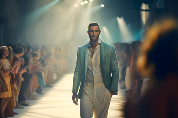 Model man walks the runway in model clothes. Fashion show, catwalk event, runway show, fashion week. Generative AI.