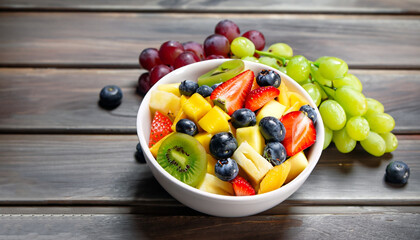 Fruit salad in bowl. Multi-colored ripe fruits and berries. Pineapple, mango, grape, strawberry, blueberry and kiwi