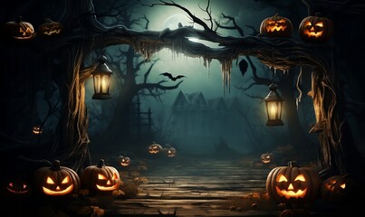 Halloween Pumpkins Jack O’ Lanterns In Spooky Forest background, generative AI