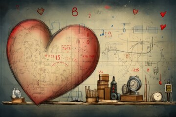 Illustration of measurements and mathematical symbols with hearts. - obrazy, fototapety, plakaty