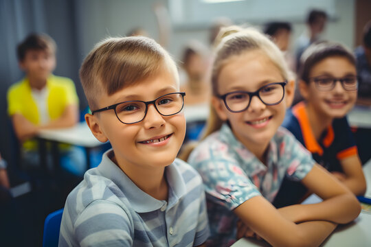 Academic Concept. Smiling junior school boys spectacles and girls glasses sitting desk in classroom, posing looking at camera. Group of diverse classmates studying. Generative AI.