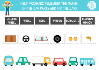 Transportation matching activity with cute transport and missing parts. Match objects and names game or puzzle. Printable worksheet with wheel, body, window, headlights. Help mechanic fix the cars.