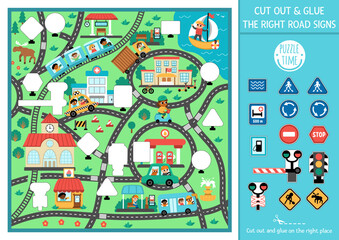 Fototapeta na wymiar Vector transportation cut and glue activity. Crafting game with cute city landscape and road signs. Fun transport printable worksheet for kids with urban map. Complete the picture with traffic sign.