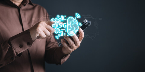 man touch icon cloud computing and 5G diagram show on hand. Data storage.Cloud technology.Secure backup and consistency Networking and internet service concept.Implement storage technology in business