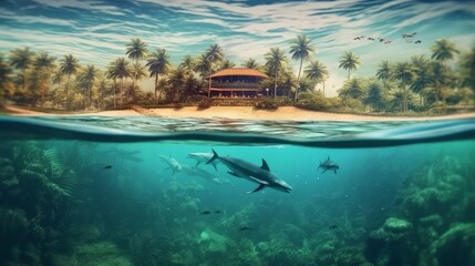 fish underwater palm trees above water