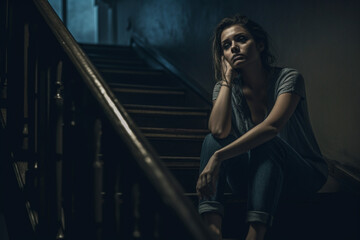 Fototapeta na wymiar Adult Woman Sitting Look Worried on The Stairway, dark light photography