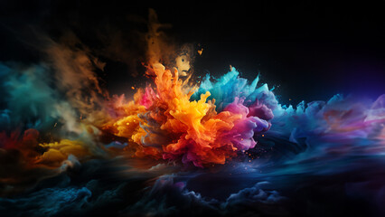 Bunte Explosion vieler Leuchtfarben und Elementen in als Hintergrundmotiv, ai generativ