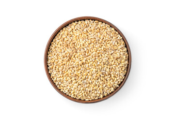 Bowl with wheat. Isolated on white. Top view.