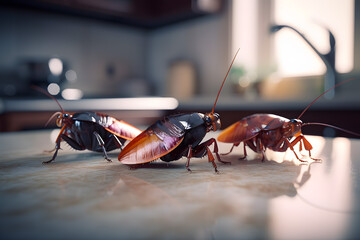 Cockroach on cupboard in the kitchen. Generative AI.