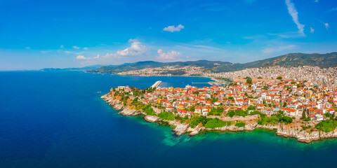 Aerial view old town and Mediterranean sea in Kavala, Greece, Europe