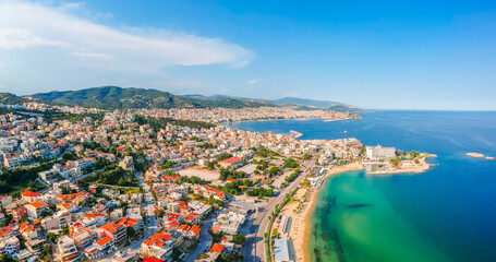 Fototapeta premium Aerial view of beach and sea in Kavala city, Macedonia, Greece, Europe