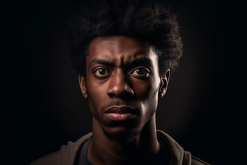 Young dark-skinned man with curly hair making facial expressions in studio photo