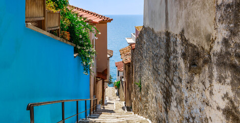 Street and sea in old town Kavala, Macedonia, Greece, Europe