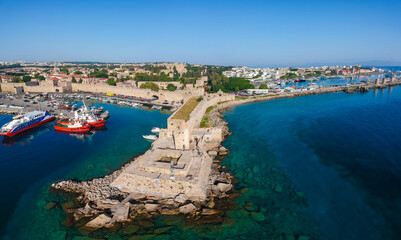 Summer aerial view of city port and fort Rhodes island, Greece, Europe